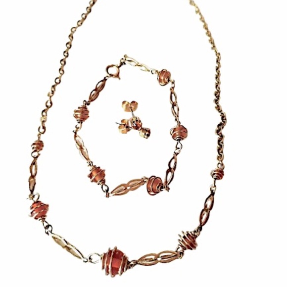 SARAH COVENTRY Vintage Long Gold Encased Citrin Necklace & Stud Earrings Set - Picture 1 of 11